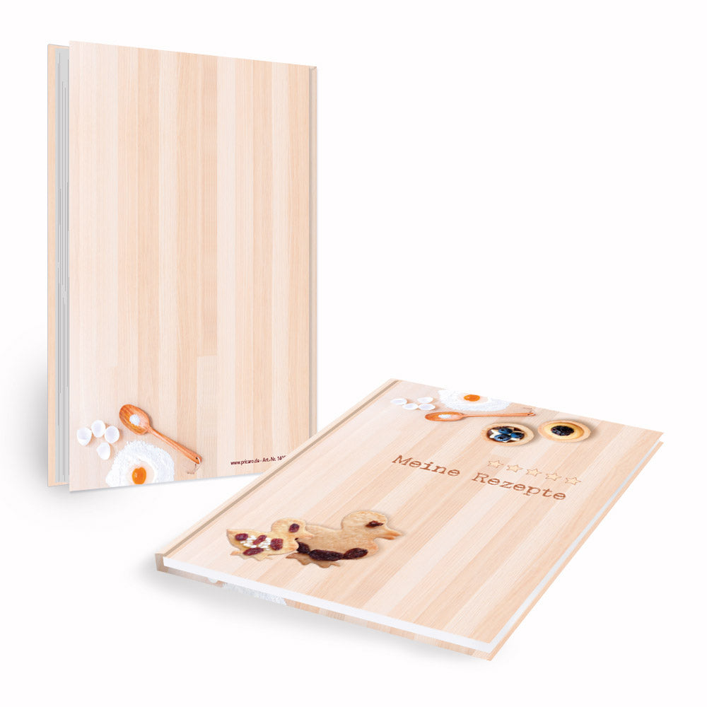 rezeptbuch "backen", beige holzoptik, ansicht vorder und rückseite
