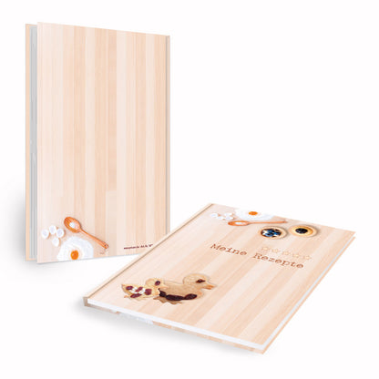 rezeptbuch "backen", beige holzoptik, ansicht vorder und rückseite