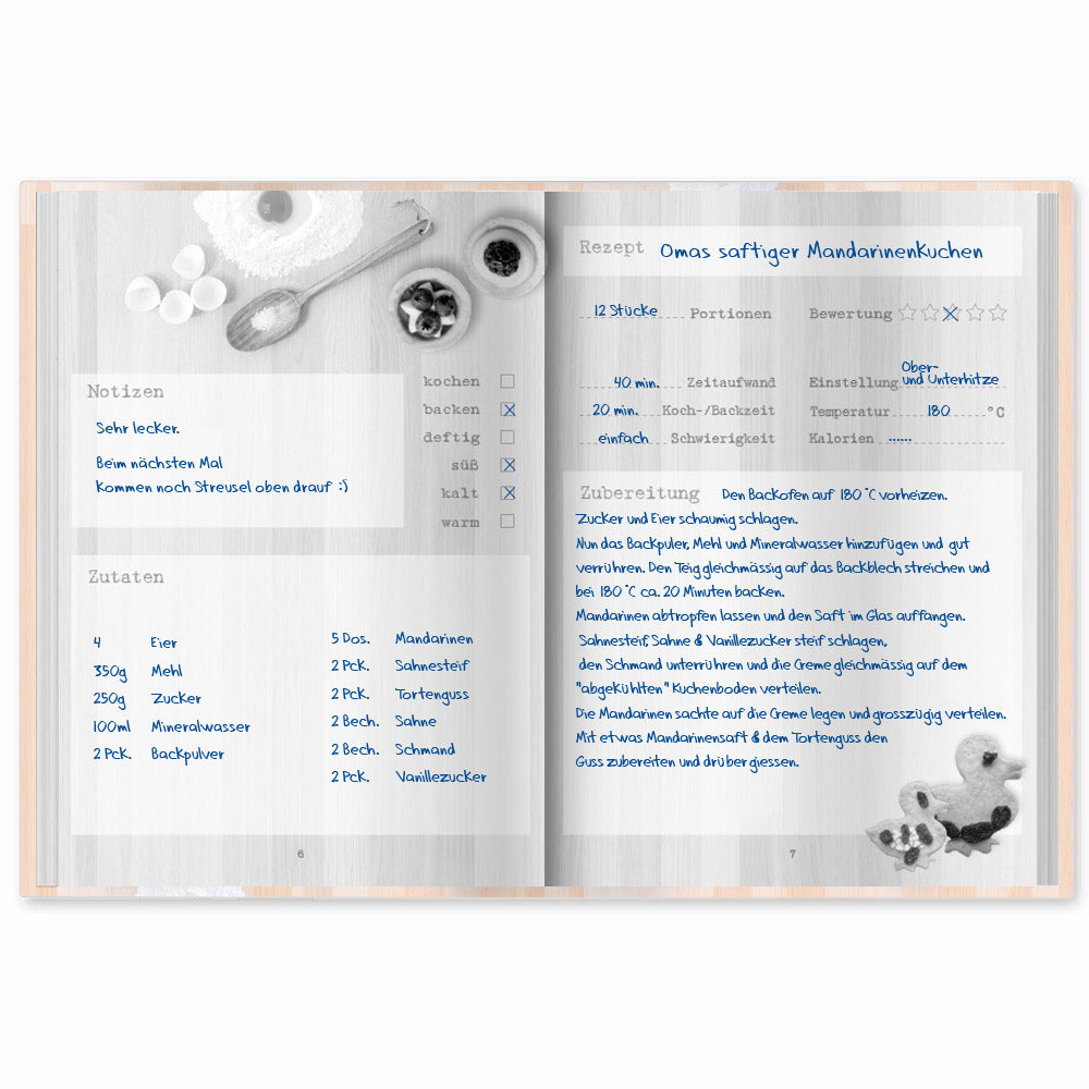rezeptbuch "backen", geöffnet, innenseiten schwarz-weiß, ausfüllbeispiel