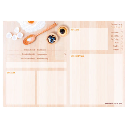 rezeptblock "backen", a4 querformat, beige optik mit verschiedenen backzutaten, frontansicht