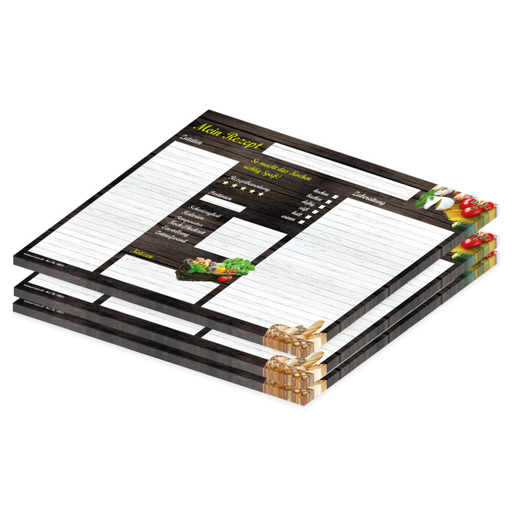 rezeptblock "mediterran", a4 querformat, braun-bunte optik mit verschiedenen pastazutaten, bietet platz für zuaten, zubereitungsschritte und notizen, 3er set