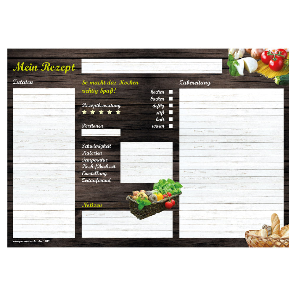 rezeptblock "mediterran", a4 querformat, braun-bunte optik mit verschiedenen pastazutaten, bietet platz für zuaten, zubereitungsschritte und notizen, frontansicht