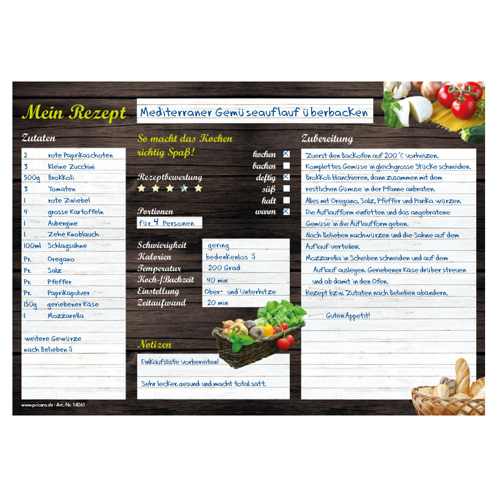 rezeptblock "mediterran", a4 querformat, braun-bunte optik mit verschiedenen pastazutaten, bietet platz für zuaten, zubereitungsschritte und notizen, ausfüllbeispiel