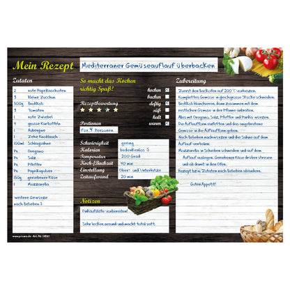 rezeptblock "mediterran", a4 querformat, braun-bunte optik mit verschiedenen pastazutaten, bietet platz für zuaten, zubereitungsschritte und notizen, ausfüllbeispiel