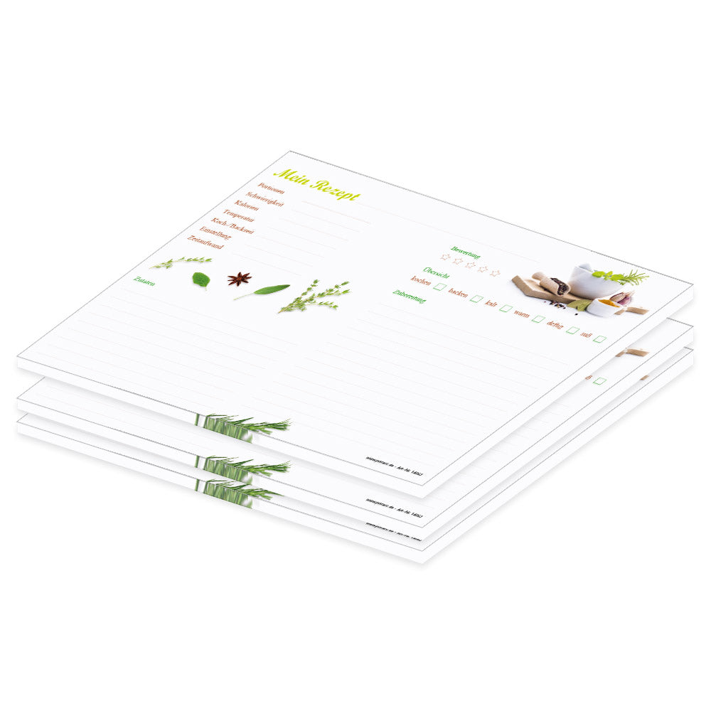 rezeptblock "gewürze", a4 querformat, braun-bunte optik mit verschiedenen gewürzen und kräutern, bietet platz für zuaten, und zubereitungsschritte, 3er set