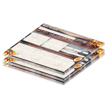 rezeptblock "farmhouse", a4 querformat, braun-bunte optik mit verschiedenen gerichten, bietet platz für zuaten, und zubereitungsschritte, 3er set