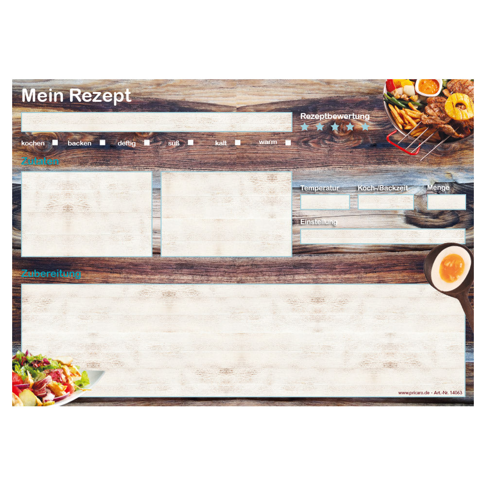 rezeptblock "farmhouse", a4 querformat, braun-bunte optik mit verschiedenen gerichten, bietet platz für zuaten, und zubereitungsschritte, frontansicht