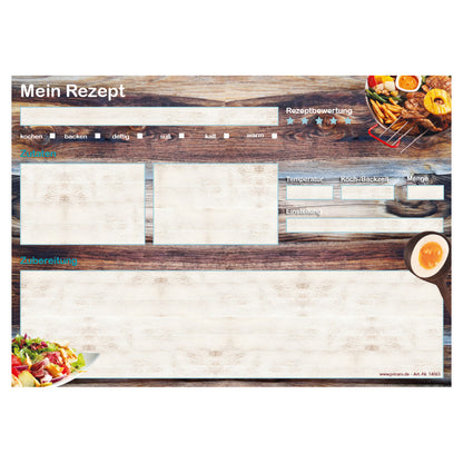 rezeptblock "farmhouse", a4 querformat, braun-bunte optik mit verschiedenen gerichten, bietet platz für zuaten, und zubereitungsschritte, frontansicht
