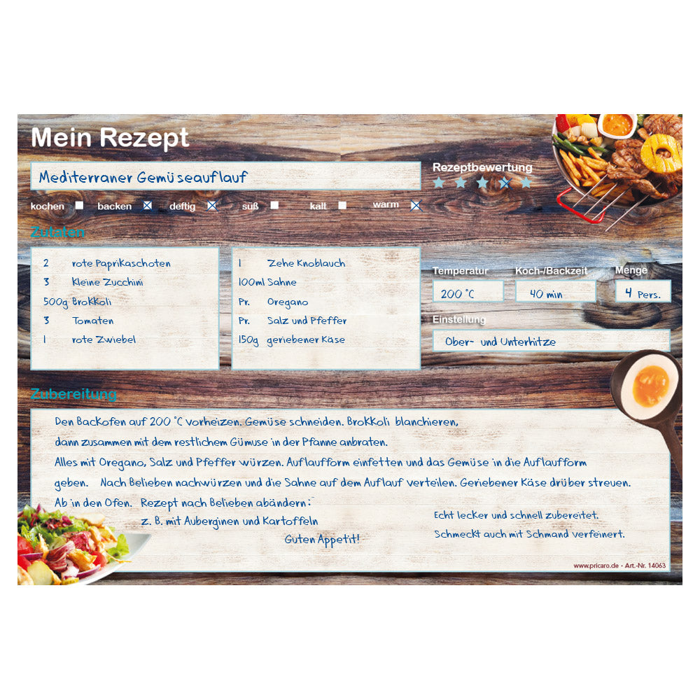 rezeptblock "farmhouse", a4 querformat, braun-bunte optik mit verschiedenen gerichten, bietet platz für zuaten, und zubereitungsschritte, ausfüllbeispiel