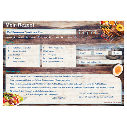 rezeptblock "farmhouse", a4 querformat, braun-bunte optik mit verschiedenen gerichten, bietet platz für zuaten, und zubereitungsschritte, ausfüllbeispiel