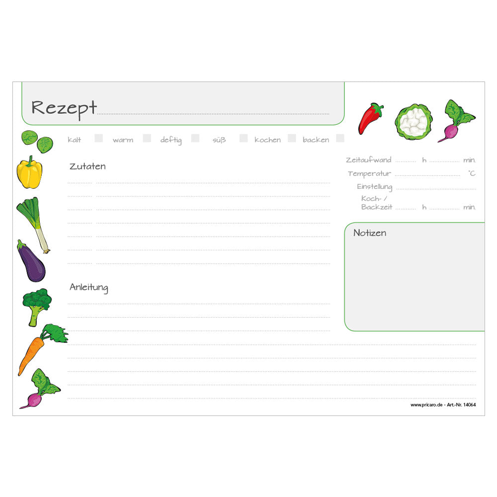 rezeptblock "querbeet", a4 querformat, weiß-bunte optik mit verschiedenen gemüsesorten, bietet platz für zuaten, und zubereitungsschritte, frontansicht