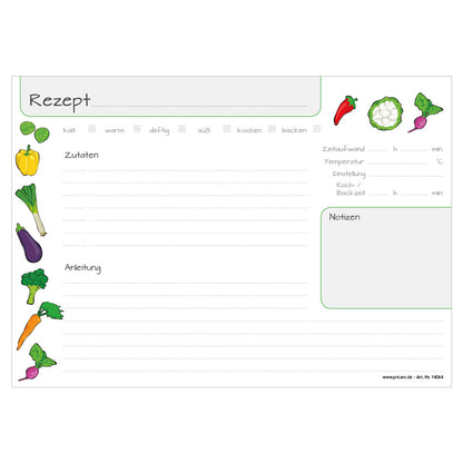 rezeptblock "querbeet", a4 querformat, weiß-bunte optik mit verschiedenen gemüsesorten, bietet platz für zuaten, und zubereitungsschritte, frontansicht