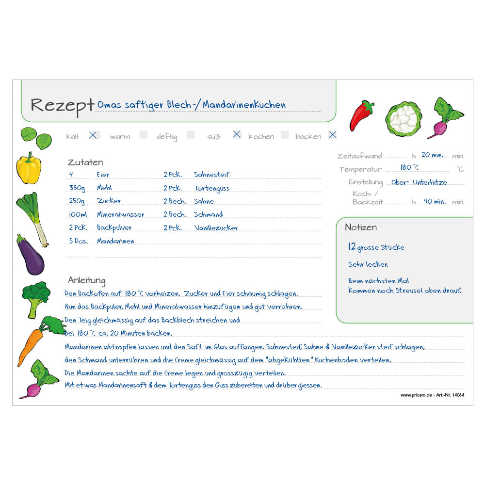 rezeptblock "querbeet", a4 querformat, weiß-bunte optik mit verschiedenen gemüsesorten, bietet platz für zuaten, und zubereitungsschritte, ausfüllbeispiel
