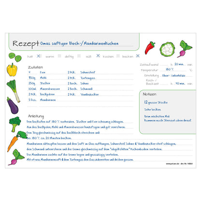 rezeptblock "querbeet", a4 querformat, weiß-bunte optik mit verschiedenen gemüsesorten, bietet platz für zuaten, und zubereitungsschritte, ausfüllbeispiel
