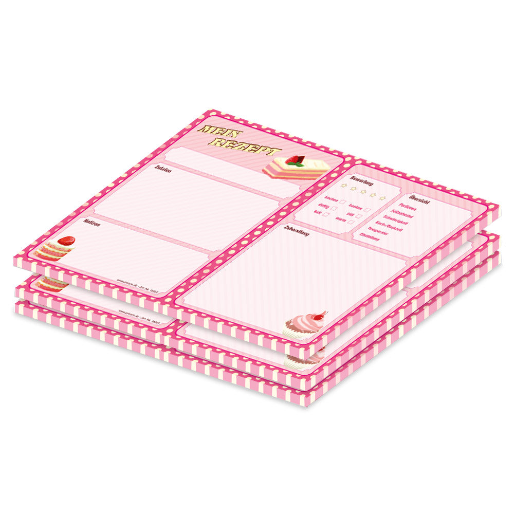 rezeptblock "retro", a4 querformat, pink-rosa optik mit verschiedenen kleinen kuchen, bietet platz für zuaten, notizen und zubereitungsschritte, 3er set