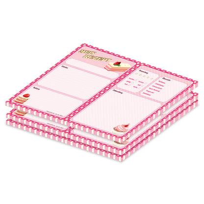 rezeptblock "retro", a4 querformat, pink-rosa optik mit verschiedenen kleinen kuchen, bietet platz für zuaten, notizen und zubereitungsschritte, 3er set
