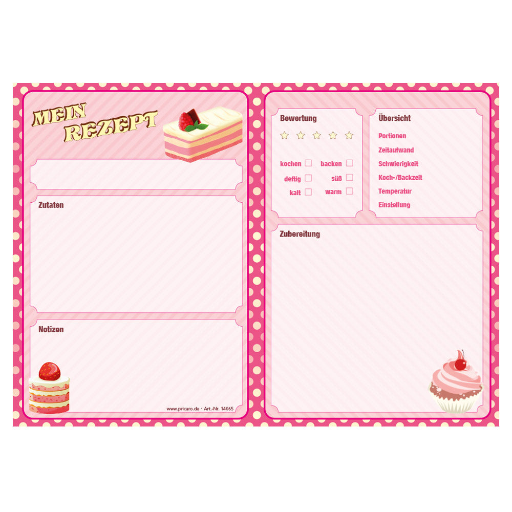 rezeptblock "retro", a4 querformat, pink-rosa optik mit verschiedenen kleinen kuchen, bietet platz für zuaten, notizen und zubereitungsschritte, frontansicht