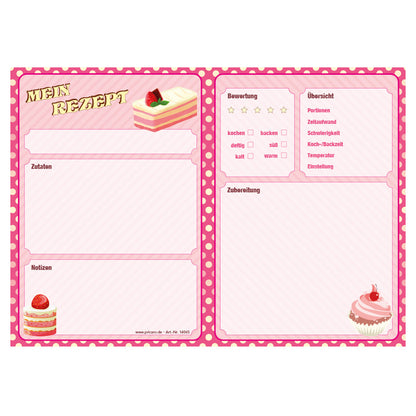 rezeptblock "retro", a4 querformat, pink-rosa optik mit verschiedenen kleinen kuchen, bietet platz für zuaten, notizen und zubereitungsschritte, frontansicht