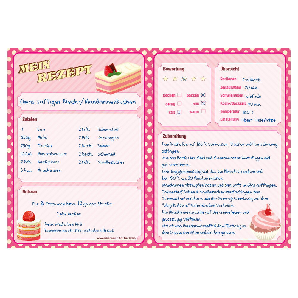 rezeptblock "retro", a4 querformat, pink-rosa optik mit verschiedenen kleinen kuchen, bietet platz für zuaten, notizen und zubereitungsschritte, ausfüllbeispiel