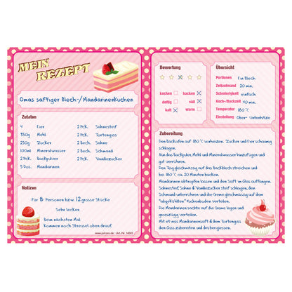 rezeptblock "retro", a4 querformat, pink-rosa optik mit verschiedenen kleinen kuchen, bietet platz für zuaten, notizen und zubereitungsschritte, ausfüllbeispiel