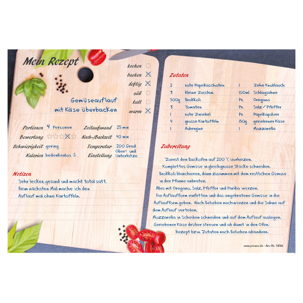 rezeptblock "schneidebrett", a4 querformat, schwarz-bunte optik mit einem holzschneidebrett und gemüse und kräutern, bietet platz für zuaten, notizen und zubereitungsschritte, ausfüllbeispiel