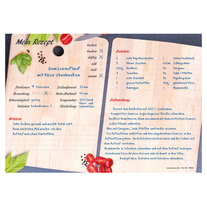 rezeptblock "schneidebrett", a4 querformat, schwarz-bunte optik mit einem holzschneidebrett und gemüse und kräutern, bietet platz für zuaten, notizen und zubereitungsschritte, ausfüllbeispiel
