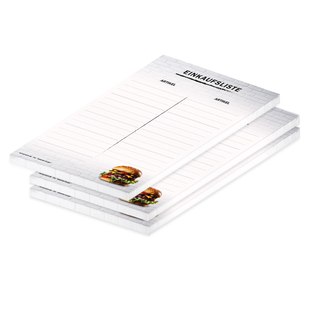 einkaufsliste american burger, a5, graue optik mit aufgedrucktem burger und zeilen für artikel, 3er set