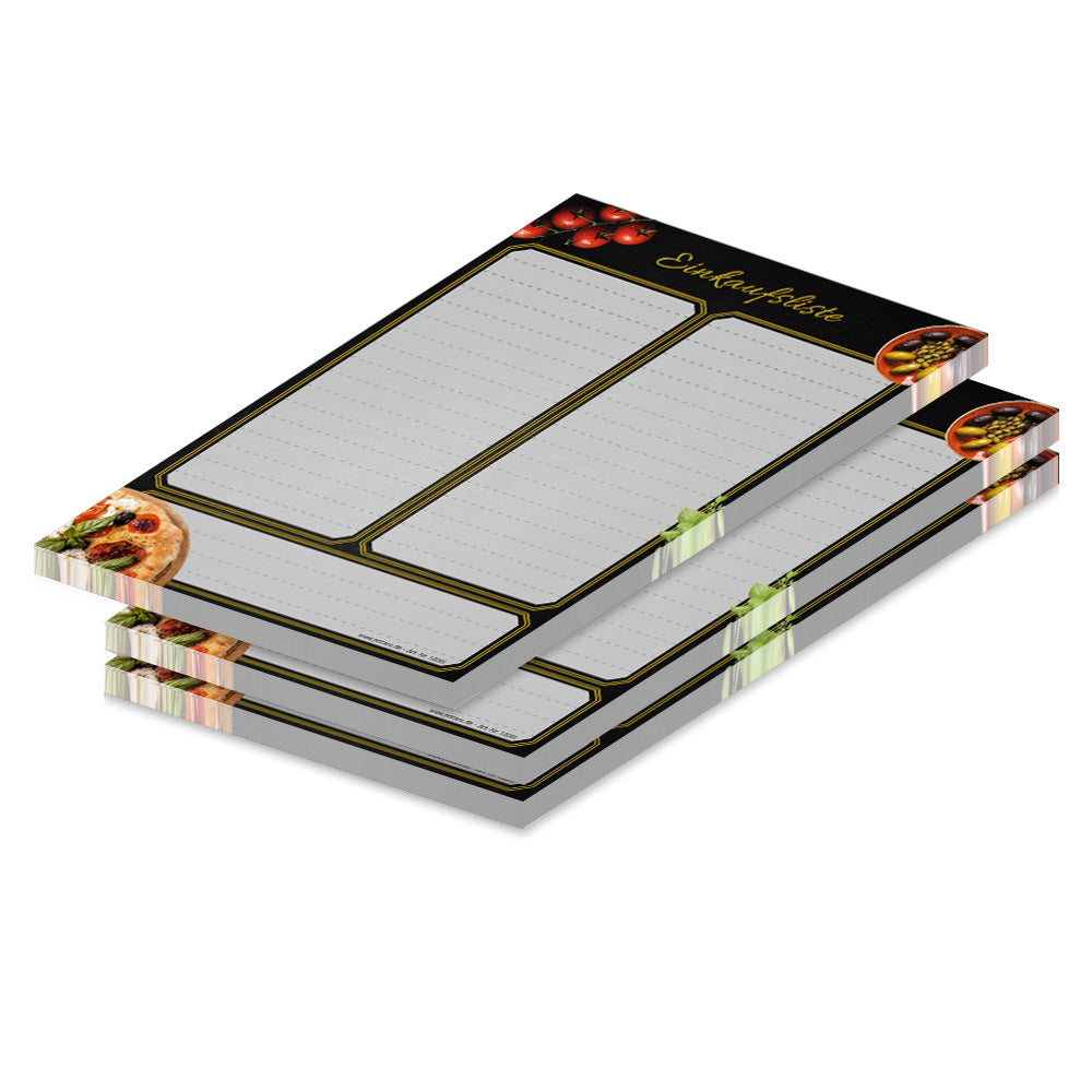 einkaufsliste pizza toscana, a5, schwarz-graue optik mit pizzen und tomaten und mit spalten für artikel, 3er set