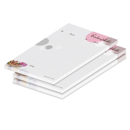 einkaufsliste sweet pate, a5, rosa-graue optik mit kleinen pasteten im unteren bereich und mit spalten für artikel und stückzahl, 3er set