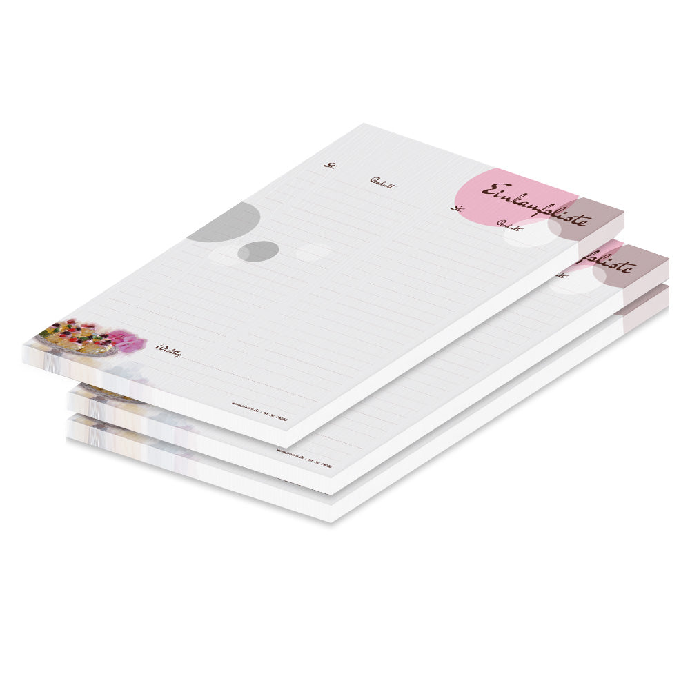 einkaufsliste sweet pate, a5, grau-rosafarbene optik mit kleinem gebäck, mit zeilen für stück und produkt und extras, 3er set