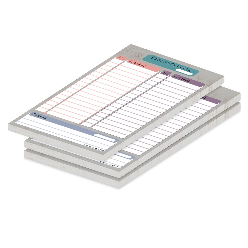 einkaufsliste register, a5, grau-bunte optik, mit zeilen für stück und produkt und extras, 3er set