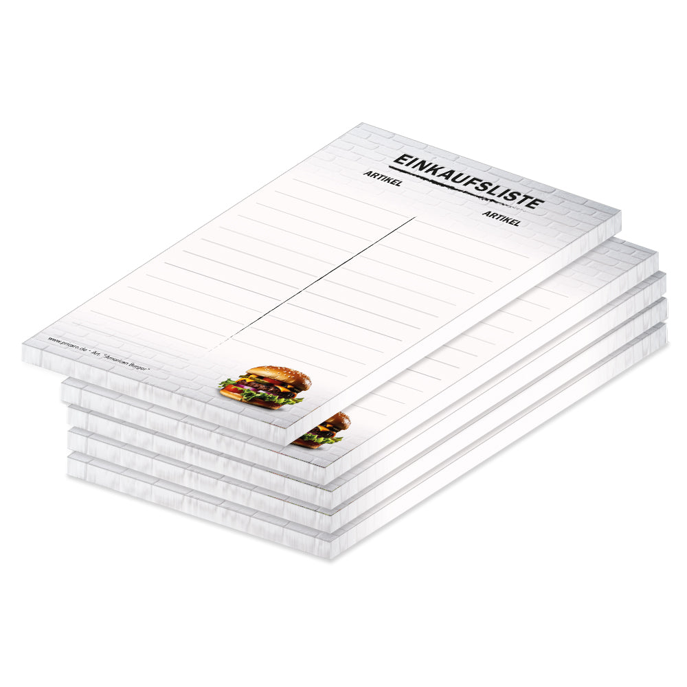 einkaufsliste american burger, a, graue optik mit burger unten rechts abgebildet, 5er set