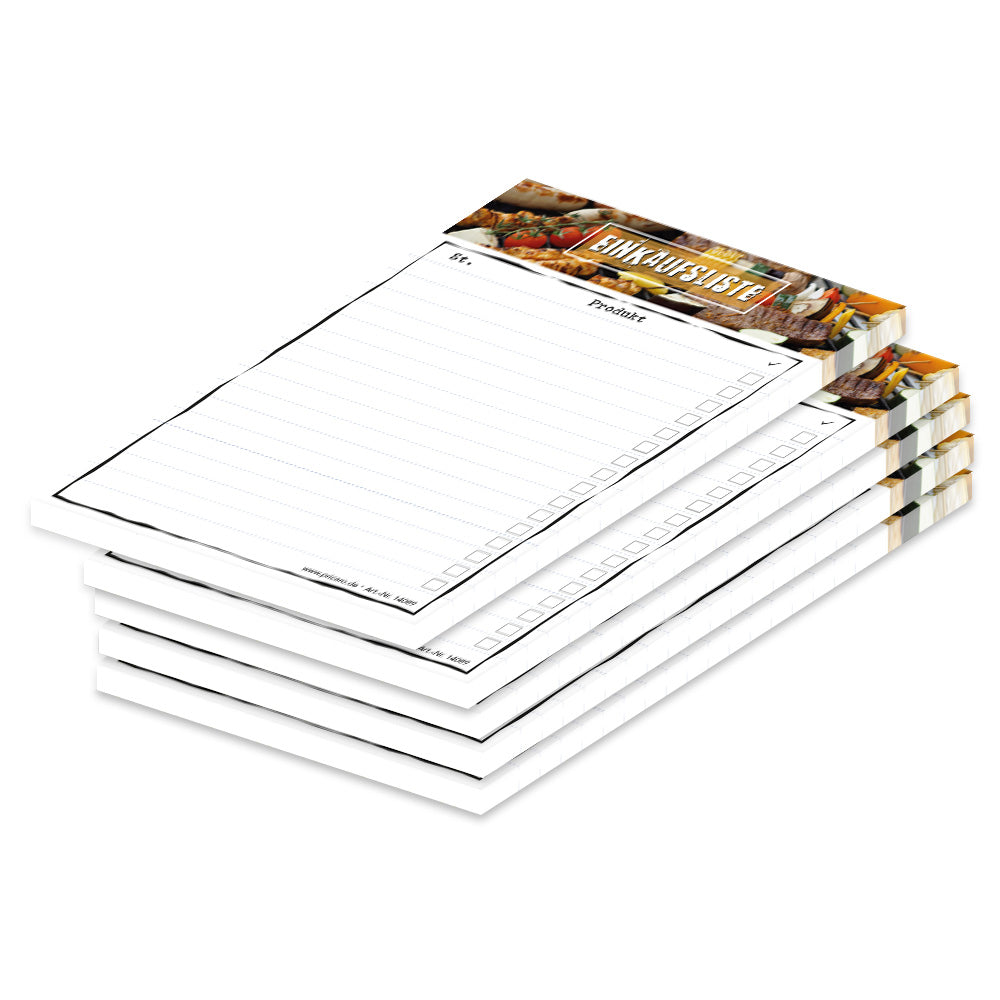 einkaufsliste bbq, a6, weiß-bunte optik, einem bbq im oberen bereich und spalten für stück und produkt zum notieren und abhaken, 5er set