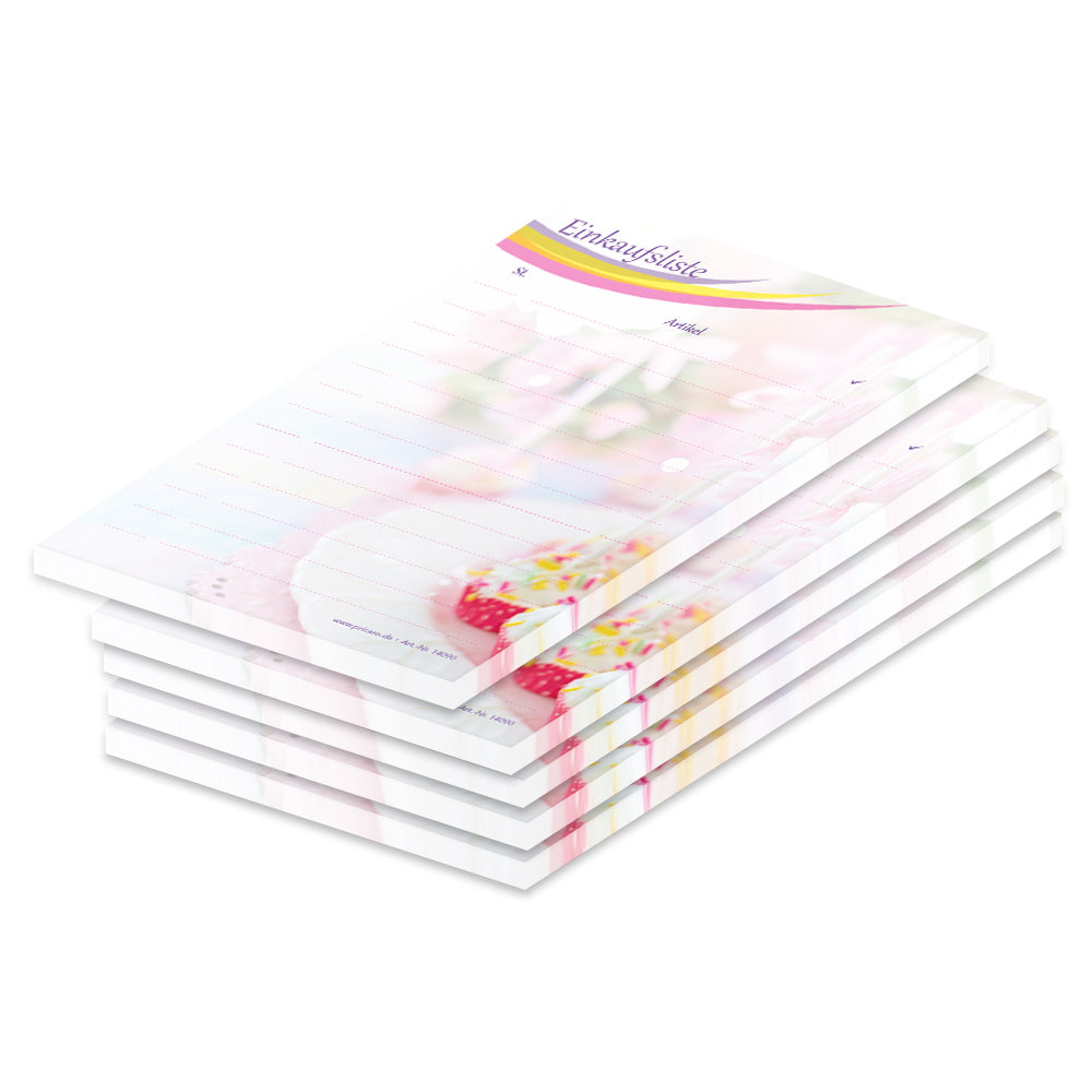 einkaufsliste cakepop, a6, weiß-bunte optik, cakepops und spalten für stück und produkt zum notieren und abhaken, 5er set