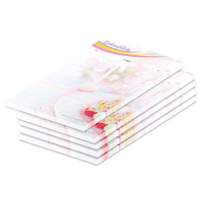 einkaufsliste cakepop, a6, weiß-bunte optik, cakepops und spalten für stück und produkt zum notieren und abhaken, 5er set