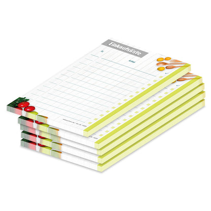 einkaufsliste frisches gemüse, a6, weiß-bunte optik, lebensmitteln, hellgrünem rand rechts und spalten für stück und produkt zum notieren und abhaken, 5er set