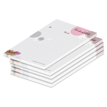 einkaufsliste sweet pate, a6, rosa-graue optik mit kleinen pasteten im unteren bereich und mit spalten für artikel und stückzahl, 5er set