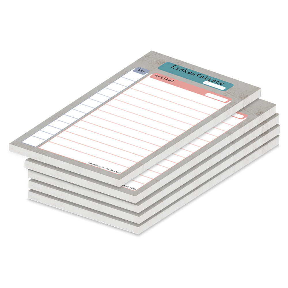 einkaufsliste register, a6, bunt-graue optik mit spalten für artikel und stückzahl, 5er set