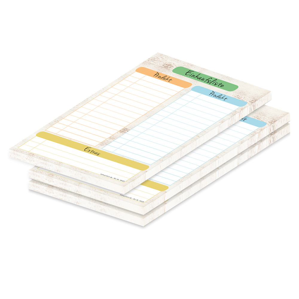 einkaufsliste pastel, a5, bunt-beige optik mit spalten für artikel, 3er set