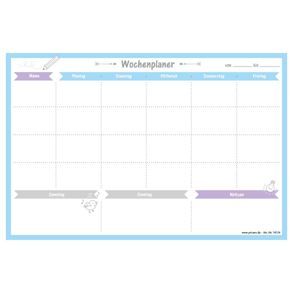 magnet wochenplaner allerlei 2, hellblaue optik, spalten für montag bis sonntag und eine extra spalte für namen, notizen und wichtige dinge, front ansicht