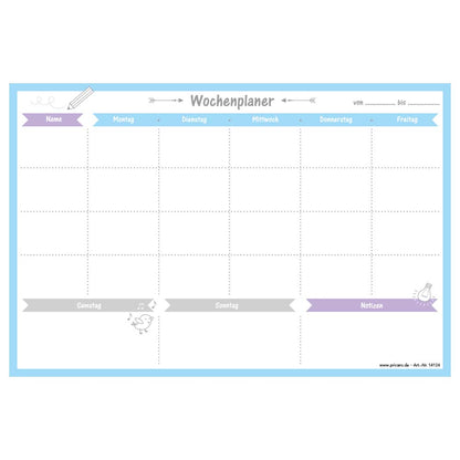 magnet wochenplaner allerlei 2, hellblaue optik, spalten für montag bis sonntag und eine extra spalte für namen, notizen und wichtige dinge, front ansicht