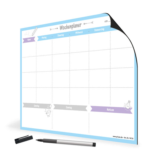 magnet wochenplaner allerlei 2, hellblaue optik, spalten für montag bis sonntag und eine extra spalte für namen, notizen und wichtige dinge, seitliche ansicht