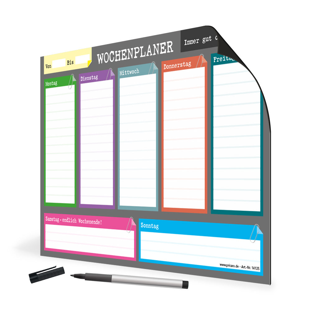 magnet wochenplaner perfekt 2, grau-bunte optik, spalten für montag bis sonntag, seitliche ansicht