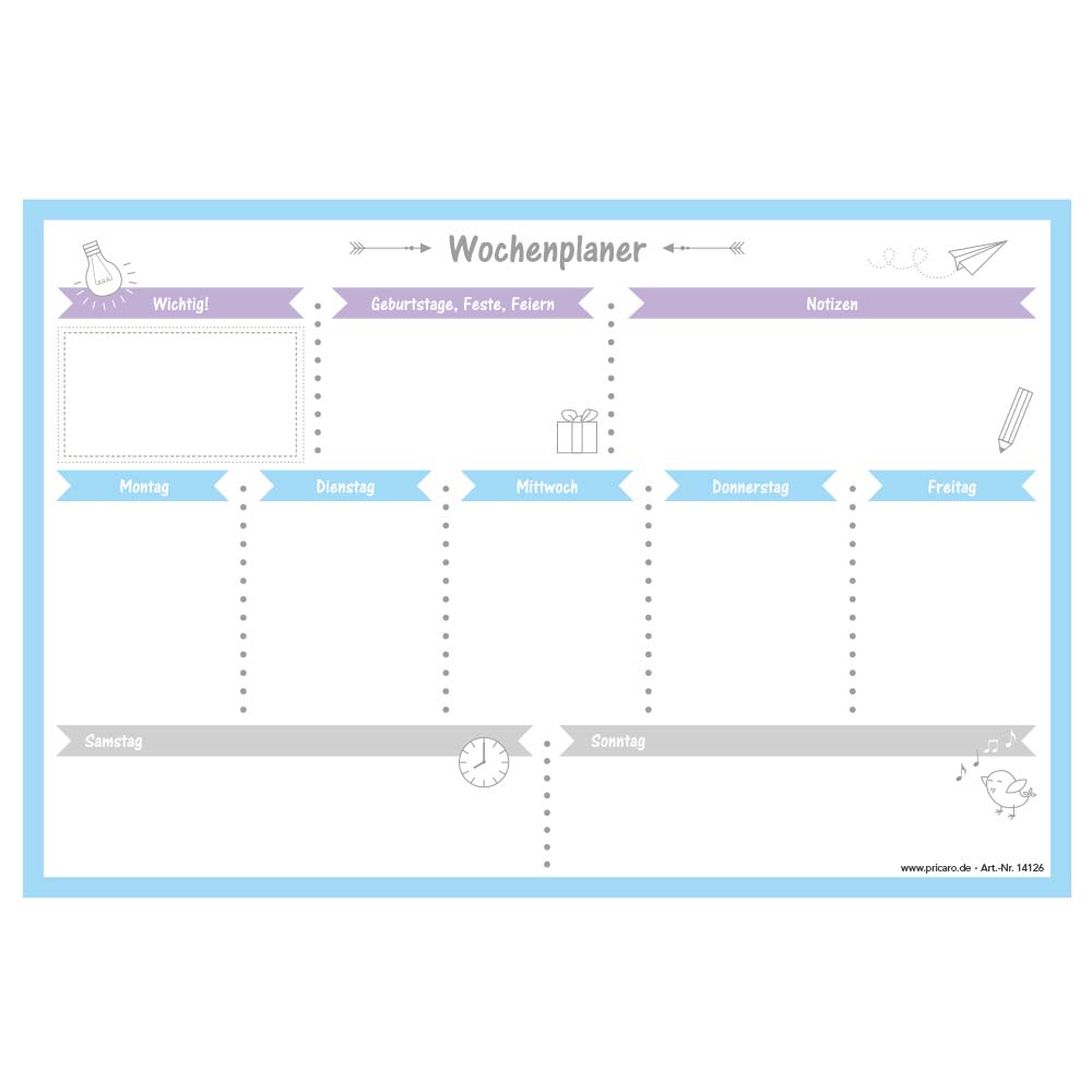 magnet wochenplaner allerlei, hellblaue optik, spalten für montag bis sonntag und eine extra spalte für notizen und wichtige dinge, front ansicht