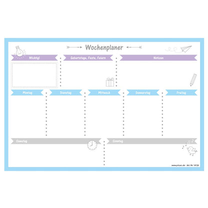 magnet wochenplaner allerlei, hellblaue optik, spalten für montag bis sonntag und eine extra spalte für notizen und wichtige dinge, front ansicht