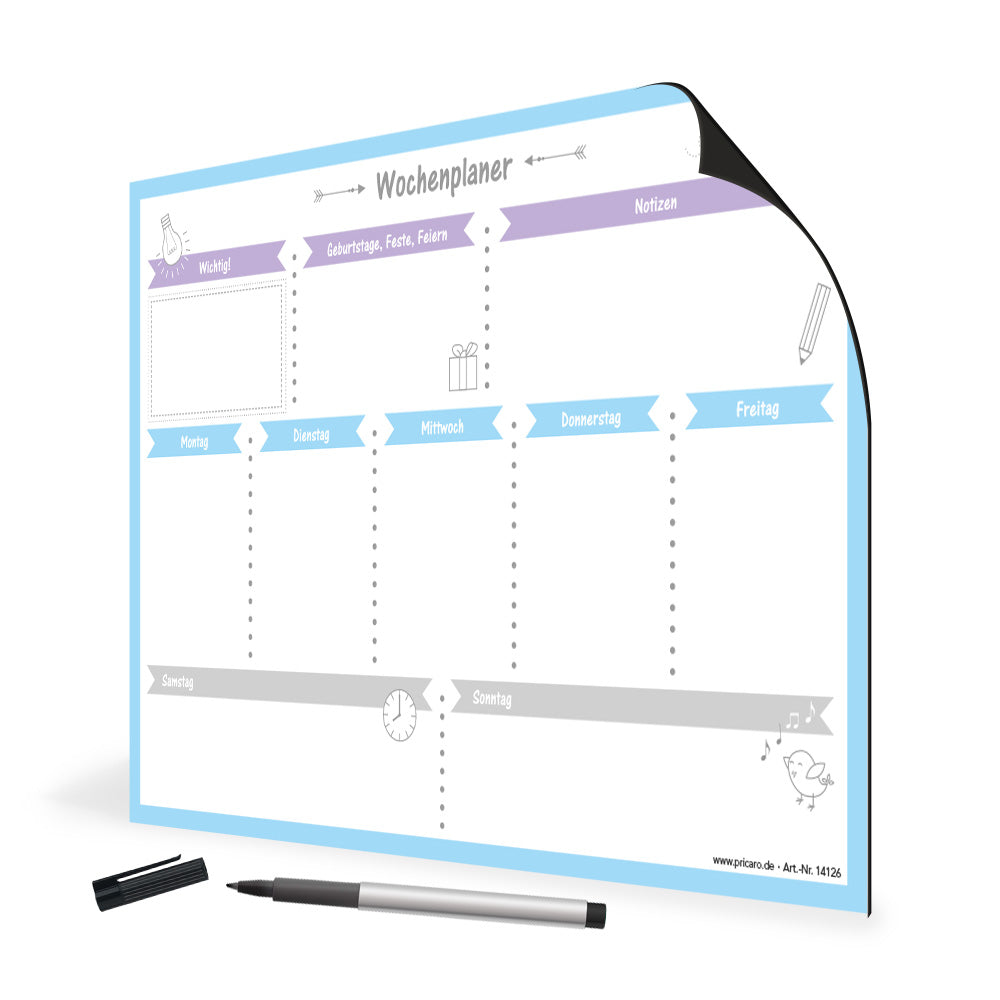 magnet wochenplaner allerlei, hellblaue optik, spalten für montag bis sonntag und eine extra spalte für notizen und wichtige dinge, seitliche ansicht