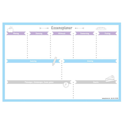 magnet essensplaner allerlei, weiß-blaue optik, spalten für montag bis sonntag und extra spalten für weitere planungen oder einladungen und snacks, front ansicht