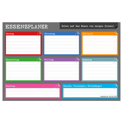 magnet essensplaner perfekt, grau-bunte optik, spalten für montag bis sonntag und extra spalten für weitere planungen oder einladungen, front ansicht