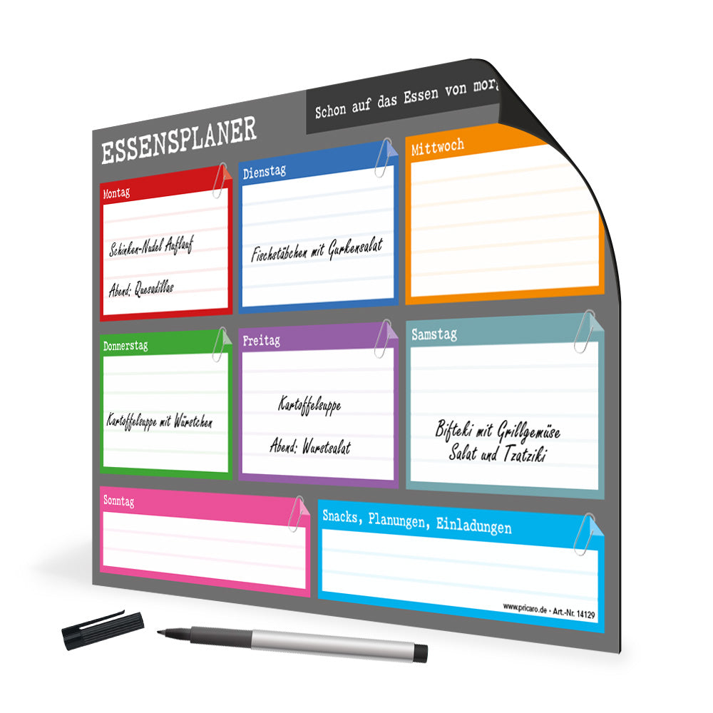 magnet essensplaner perfekt, grau-bunte optik, spalten für montag bis sonntag und extra spalten für weitere planungen oder einladungen, ausfüllbeispiel, seitliche ansicht