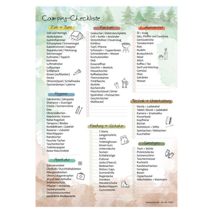 camping checkliste, zum ankreuzen verschiedene dinge, front ansicht